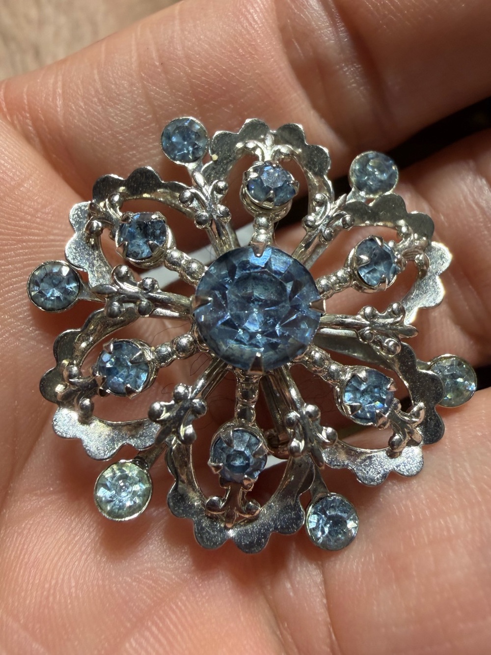 Vintage Silver Tone Blue Crystal Flower Brooch